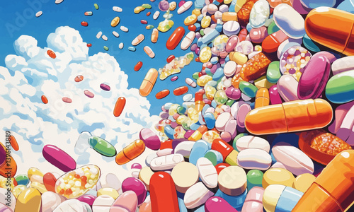 Assorted Capsules and Pills Falling with Blue Sky Background