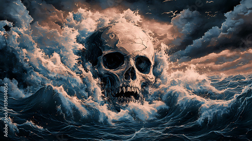 Skull engulfed by monstrous waves under nocturnal sky. Mystic Undertow. Illustration