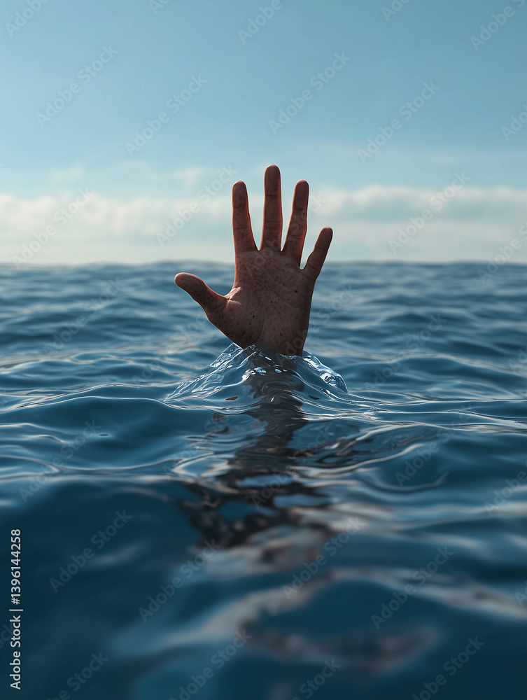Hand reaching out of water asking for help in open ocean