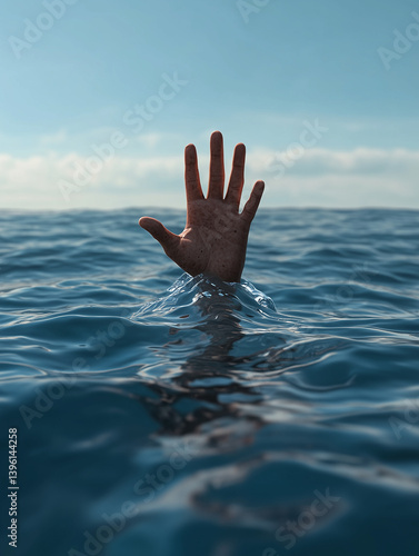 Obraz na płótnie Hand reaching out of water asking for help in open ocean w salonie