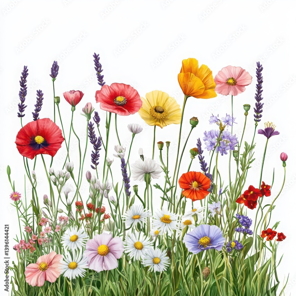 Fototapeta premium Wildflower meadow with colorful assorted flowers on white background
