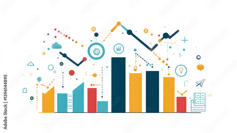 Colorful Business Growth Chart with Icons and Data Visualization Elements Colorful Business Growth Chart with Icons and Data Visualization Elements