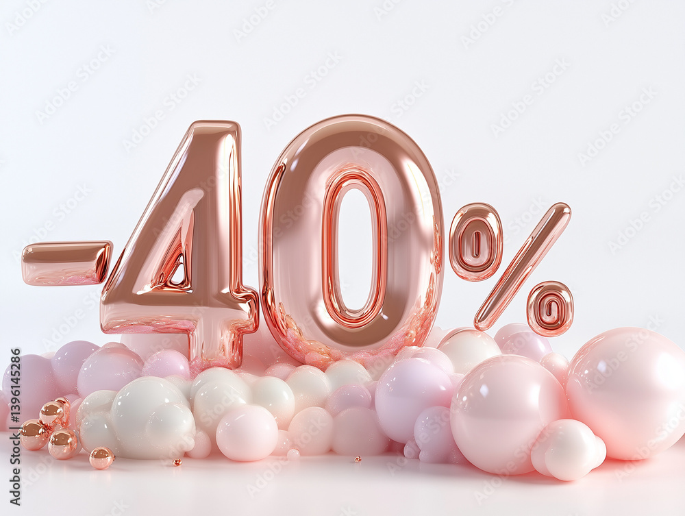 Minus forty percent discount sign on pink and white balloons