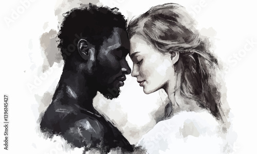 black man white woman representing interracial couple image set valentine day depicts loving couple embracing touching foreheads