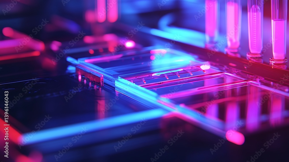 Vibrant close-up of a futuristic circuit board illuminated with pink and blue neon lights, highlighting intricate connections and technology Vibrant close-up of a futuristic circuit board illuminated with pink and blue neon lights, highlighting intricate connections and technology