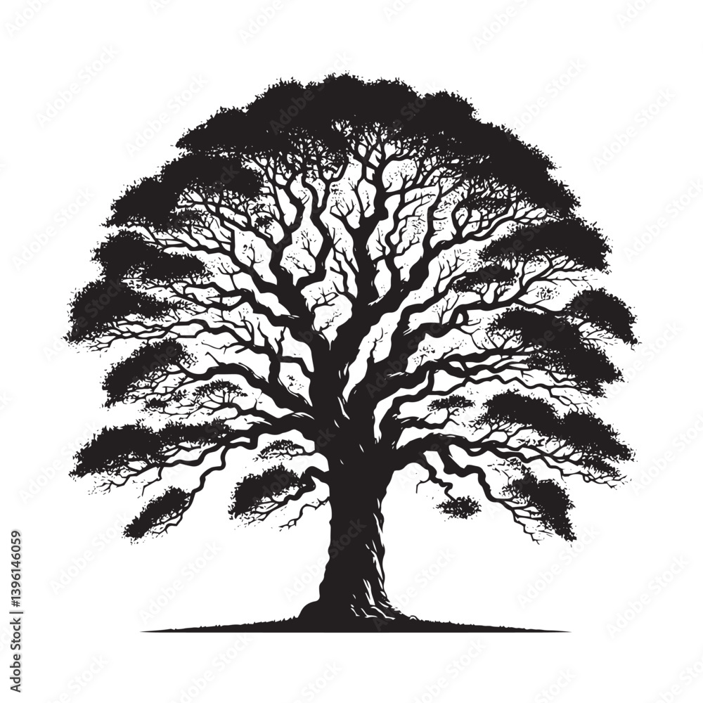 Fototapeta premium Elm Tree Vector Silhouette, Majestic Nature Tree Outline, Sturdy and Elegant Branches Clipart for Wall Art, Logos, Stickers, Apparel, Digital Prints, Crafts, and Posters.