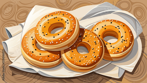 Freshly baked bagels with sesame seeds on a white baking parchment. Top view.