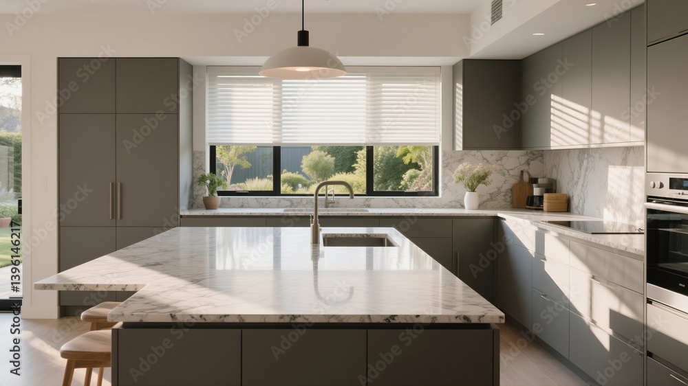 Modern minimalist kitchen with island counter, bathed in natural light. Contemporary simplicity meets functional elegance. Modern minimalist kitchen with island counter, bathed in natural light. Contemporary simplicity meets functional elegance.