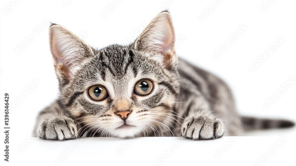 Fototapeta premium Cute tabby kitten lying down, white background, studio shot, pet adoption