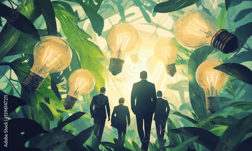 Business people walking between light bulbs plants. Generating ideas, best advisory. Concept illustration