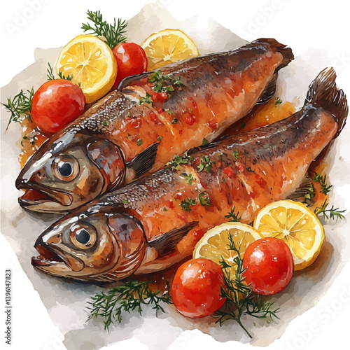 Kippers, watercolor illustration, isolated on a white background.

