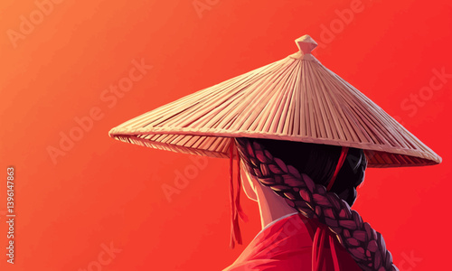 Capture the essence of Asian culture with a classic straw hat worn by Japanese samurai or Chinese farmers combined with a national braided headdress depicted in a lively cartoon