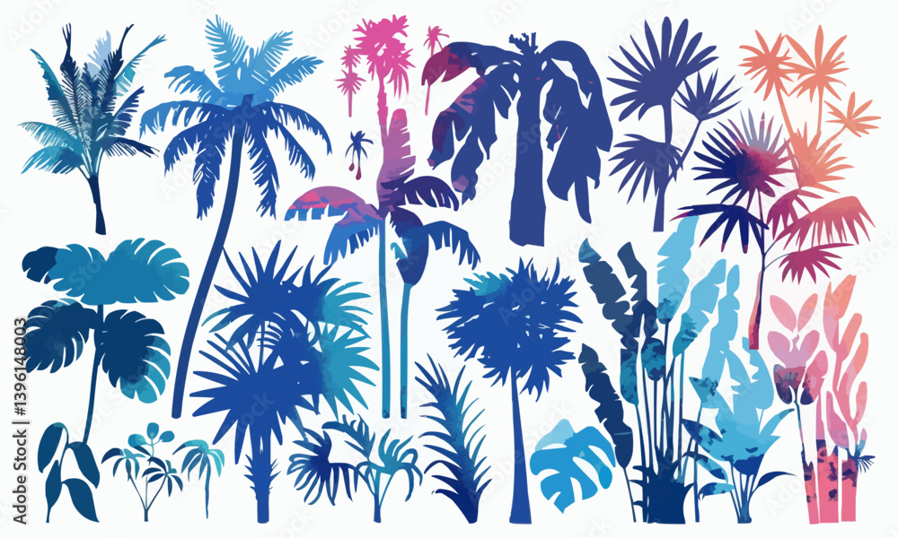 Colorful tropical leaves and palm trees, in flat composition style, plant elements, realistic and detailed illustration, various cut out silhouettes