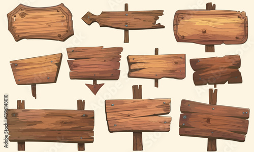 Cartoon wood blank banners. Empty message boards graphics, rustic wooden planks label signs vector illustration