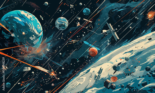 challenges of space debris in a vector art piece illustrating Earth's orbit cluttered with defunct satellites. cleanup missions
