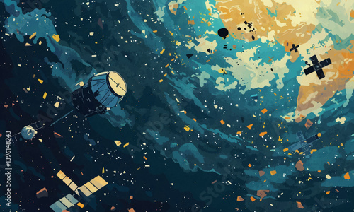challenges of space debris in a vector art piece illustrating Earth's orbit cluttered with defunct satellites. cleanup missions