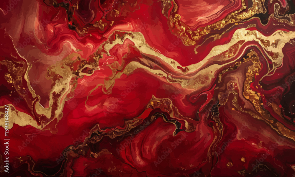 Contemporary Acrylic Pour Background. Paint Swirls in Beautiful Crimson colors, with Gold Powder illustration