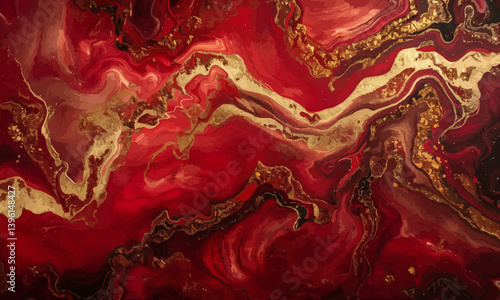 Obraz na płótnie Contemporary Acrylic Pour Background. Paint Swirls in Beautiful Crimson colors, with Gold Powder illustration w salonie