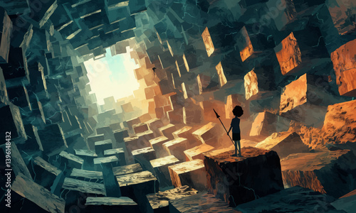 child with spear standing in a cave full of many futuristic stone blocks, digital art style, illustration painting