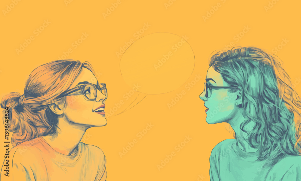 Collage sketch poster of two funny women chatting discussing empty space isolated on drawing background