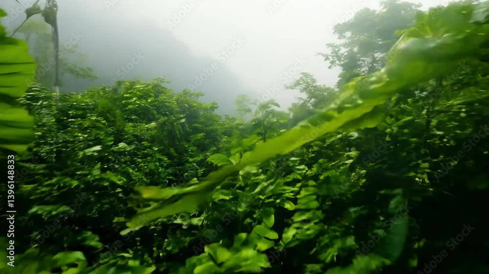 Lush green foliage in a misty forest, creating a serene and tranquil atmosphere. Lush green foliage in a misty forest, creating a serene and tranquil atmosphere.