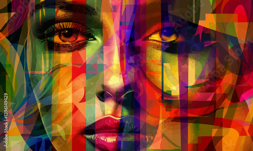 colorful face collage illustration with blurred background sleek modern look. Vector illustration