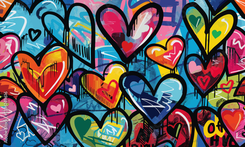 colorful hearts in graffiti style for Valentine's Day, Valentine's Day postcard vector illustration