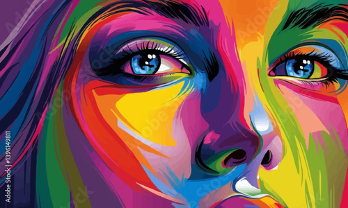 colorful painting woman s face with colors rainbow. Vector illustration