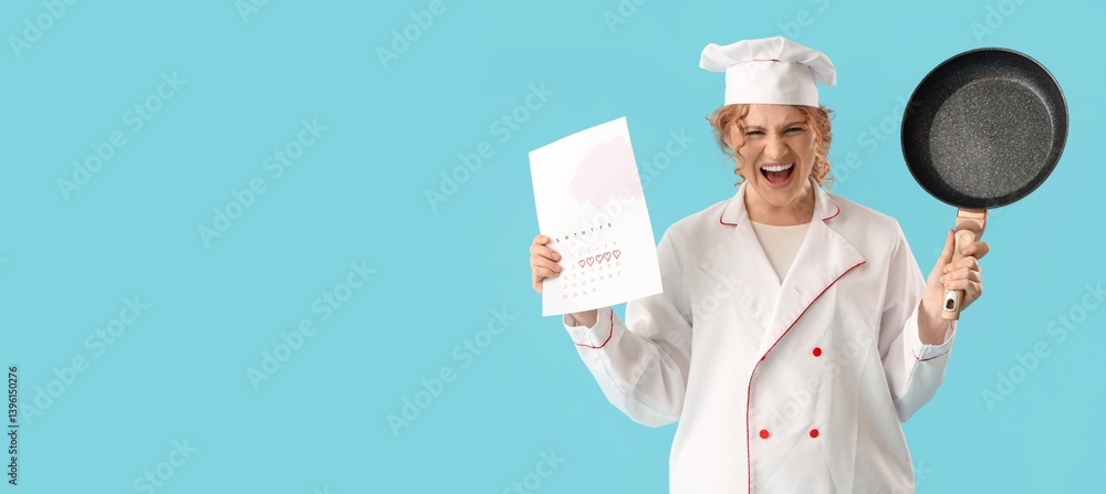 Angry female chef with pms and period calendar on light blue background with space for text Angry female chef with pms and period calendar on light blue background with space for text