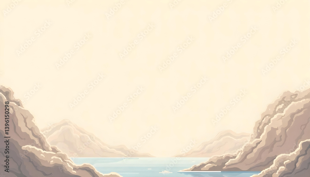 Obraz premium Pixel art landscape featuring calm ocean, rolling hills, and a soft pastel sky with beautiful tones.