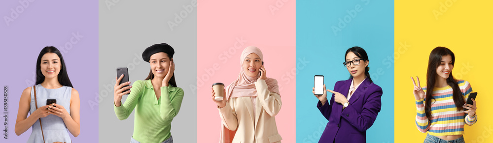 Set of pretty young women with mobile phones on color background Set of pretty young women with mobile phones on color background