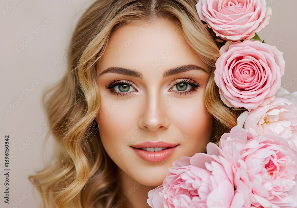 Elegant Woman with Pink Roses Beauty, Glamour, Floral Hairstyle, Portrait, Natural Makeup, Blonde Hair. Elegant Woman with Pink Roses Beauty, Glamour, Floral Hairstyle, Portrait, Natural Makeup, Blonde Hair.