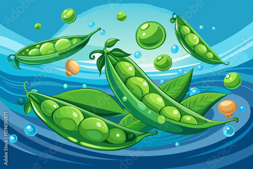 vector of Fresh green peas floating in water create a vibrant and appetizing display.