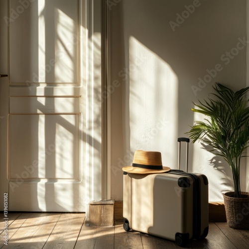 Stylish suitcase, hat, and passport placed near front door with sunlight casting soft shadows, travel preparation scene, minimalist composition, right side empty for trip campaign message.