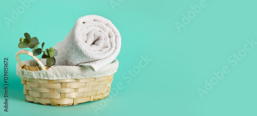 Obraz na płótnie Wicker basket with clean soft towel on turquoise background with space for text w salonie