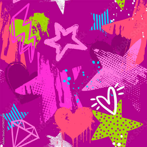 Abstract seamless chaotic pattern with urban geometric elements, stars and hearts. Grunge neon texture background. Wallpaper for teens