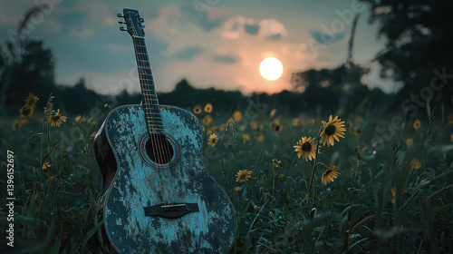A weathered acoustic guitar rests serenely in a field of sunflowers at sunset creating a tranquil and peaceful country scene perfect for music album art or website background.