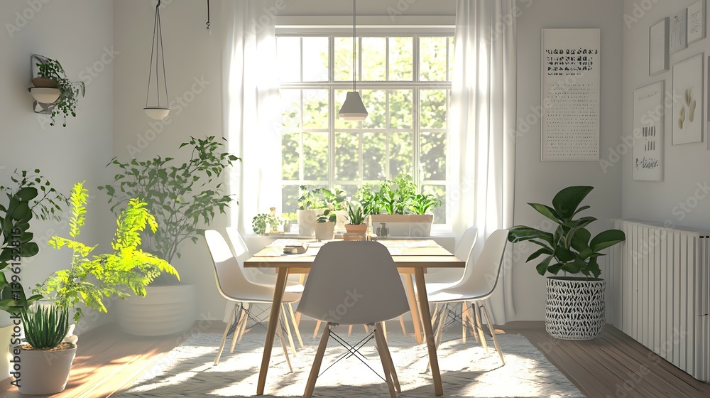 Fototapeta premium Bright dining room with table chairs plants and natural light coming through window.