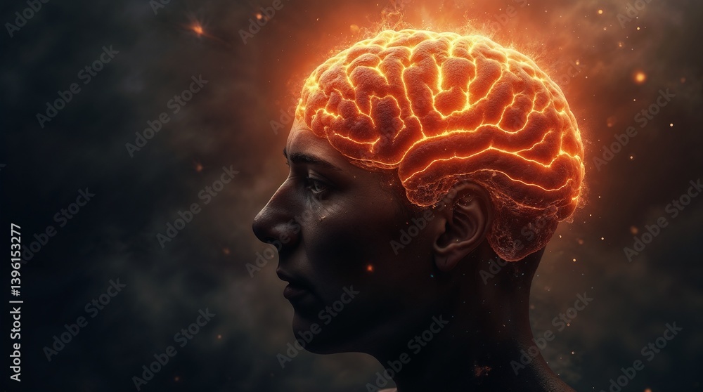 Obraz premium Dark Surreal Portrait with Glowing Brain – Fiery Neural Networks and Sci-Fi Energy