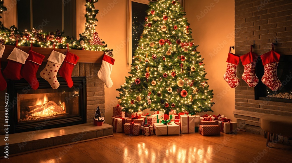 Fototapeta premium Cozy living room a decorated Christmas tree A beautifully decorated Christmas tree with twinkling lights stockings by the fireplace and wrapped gifts underneath