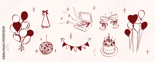 Birthday party set in whimsical style. Outline coquette symbols for girls bachelorette. Trendy art for invitation and banner for holidays. Doodle vector illustration