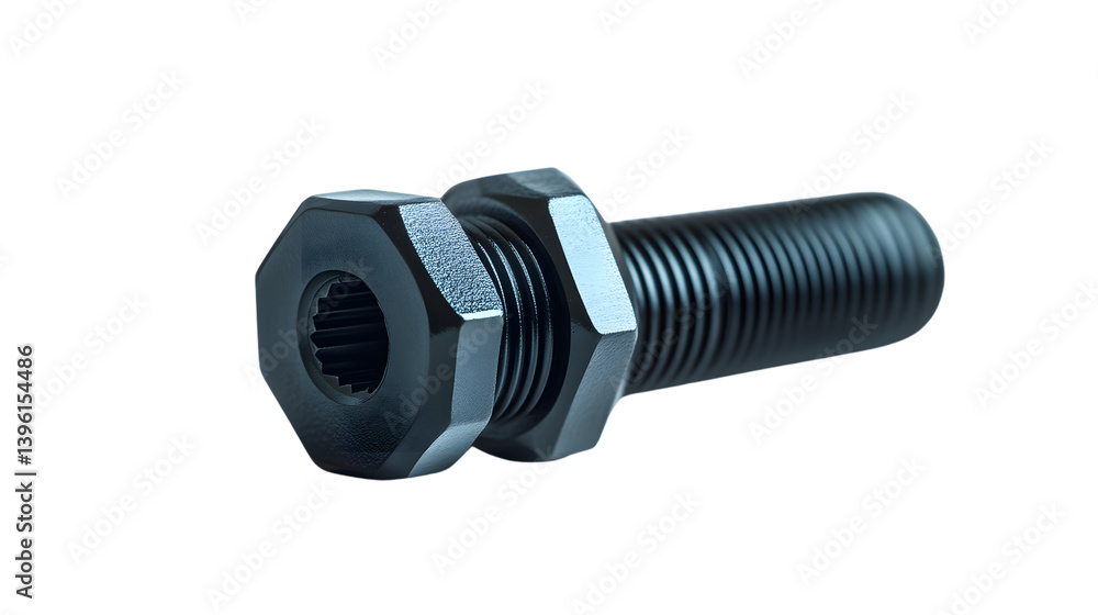 HighQuality Metal Bolt and Nut Assembly on Black Background Industrial Hardware Component De HighQuality Metal Bolt and Nut Assembly on Black Background Industrial Hardware Component De