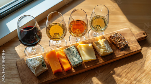 Overhead shot of cheese board and four wine glasses in tasting flight, natural daylight