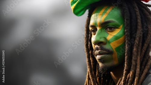 A man with dreadlocks and green and yellow face paint looks to the left, wearing a hat with the same colors. The background is blurred in shades of gray. Space for text.