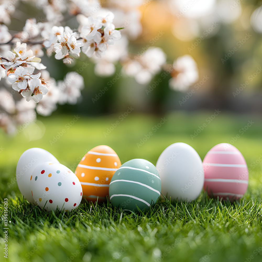 Fototapeta premium Colorful Easter eggs arranged on green grass with blooming flowers in the background spring celebration concept
