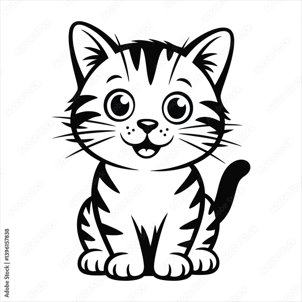 Obraz premium Cute Kitten Sitting Face Cartoon Happy Whiskers Stripes Vector