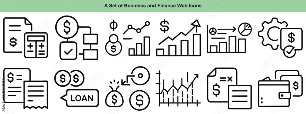 Clean and modern vector set of business and finance web icons. Includes symbols for banking, investment, budgeting, analytics, and digital payments. Perfect for websites, apps, dashboards Clean and modern vector set of business and finance web icons. Includes symbols for banking, investment, budgeting, analytics, and digital payments. Perfect for websites, apps, dashboards
