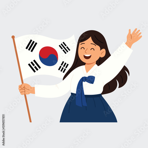 Happy Korean girl in traditional hanbok holding South Korean flag. Illustration for South Korea Liberation Day . Flat cute style with joyful mood.
