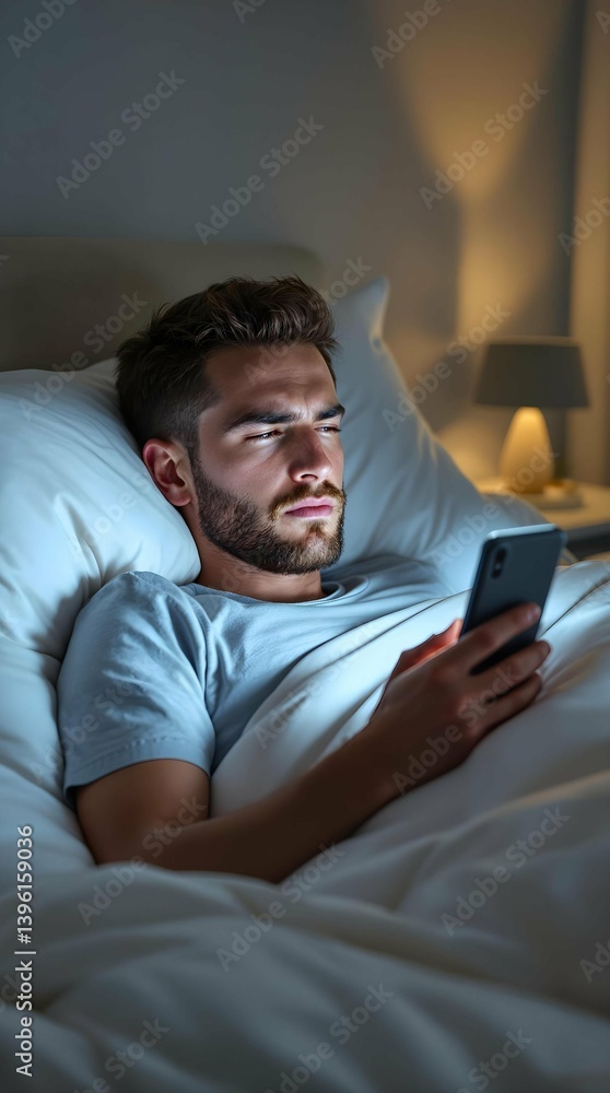 Fototapeta premium Man Using Smartphone in Bed at Night with Tired Expression