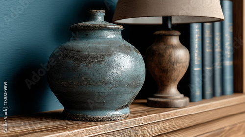 vase and lamp on wooden table